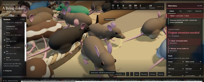 A gameplay screenshot of a colony simulation game featuring multiple 3D mice, with UI panels showing residents, observers, collection needs, and needs like hunger and shelter.