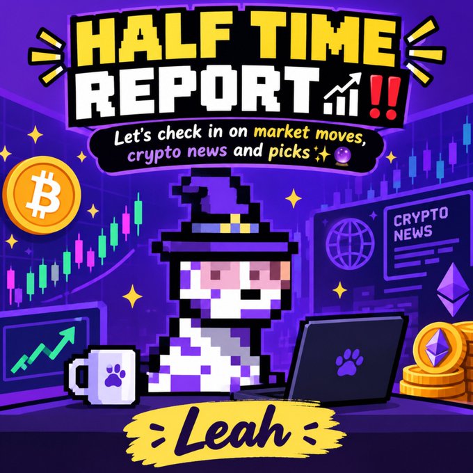 Colorful graphic titled 'HALF TIME REPORT!!' by 'Leah' featuring a pixel-art wizard character in purple, with text 'Let's check in on market moves, crypto news and picks' and imagery including Bitcoin, candlestick charts, crypto news displays, and Ethereum coin stacks.