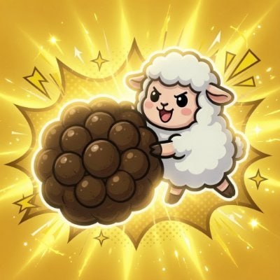 A cheerful cartoon sheep proudly holds a large pile of brown dung pellets against a vibrant yellow starburst background, depicting the whimsical "羊屎蛋" (sheep dung) memecoin from BNBChain.