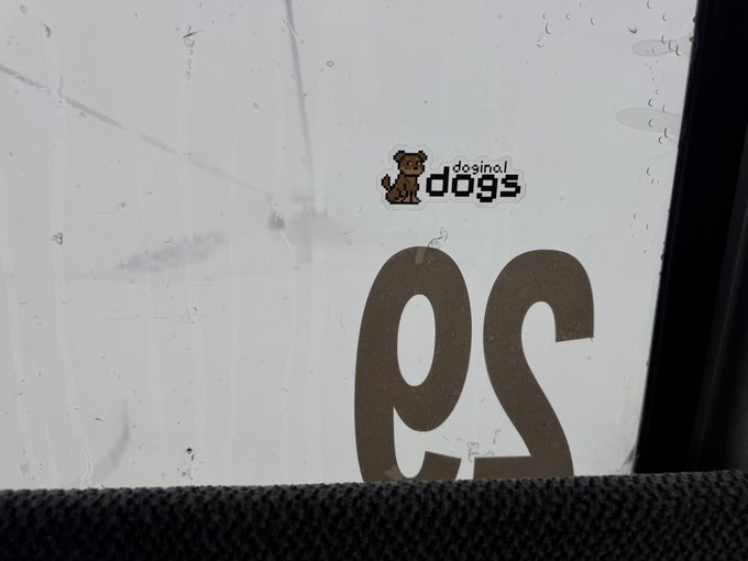 A window with a 'dosina! dogs' sticker featuring a cartoon puppy, with the letters 'es' visible on the glass.