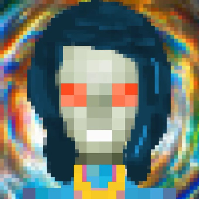 Pixel art portrait of a pale-skinned figure with long dark hair and red eyes against a multicolored, vibrant background.