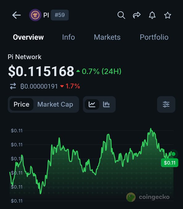 A CoinGecko app screenshot displays Pi Network (PI) at #59 with a current price of $0.115168, up 0.7% over 24 hours, alongside a green price chart showing recent volatility. The modest price and chart momentum visually support the post's optimistic outlook that PI could become a "monster" in the future.