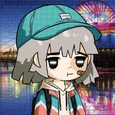 An anime-style digital illustration of a character with grey hair and large eyes, wearing a teal cap and an orange and teal jacket, set against a vibrant nighttime city skyline.