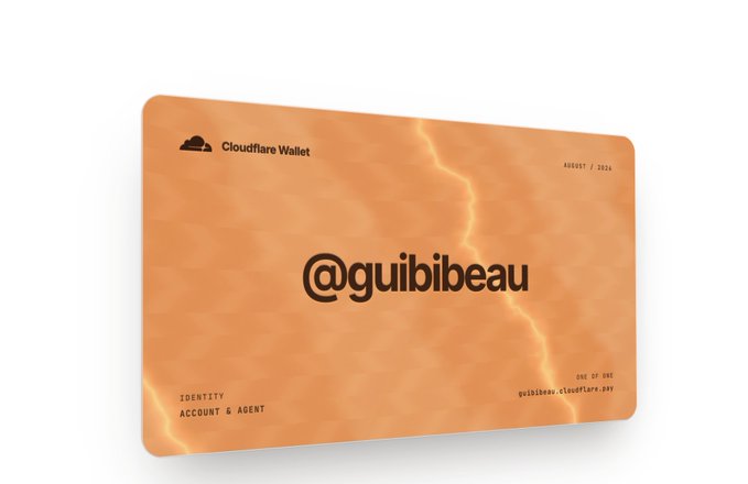 An orange Cloudflare Wallet business card with a checkered pattern, displaying '@guibibeau' and 'AUGUST / 2024' on a light gray background.