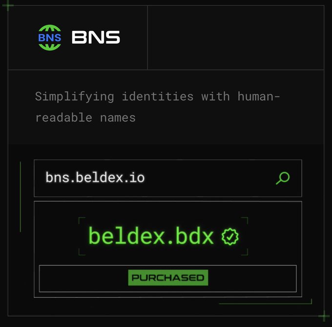 Dark-themed promotional graphic for BNS, showing a search for 'bns.beldex.io' resulting in the name 'beldex.bdx' being purchased, with text 'Simplifying identities with human-readable names'.