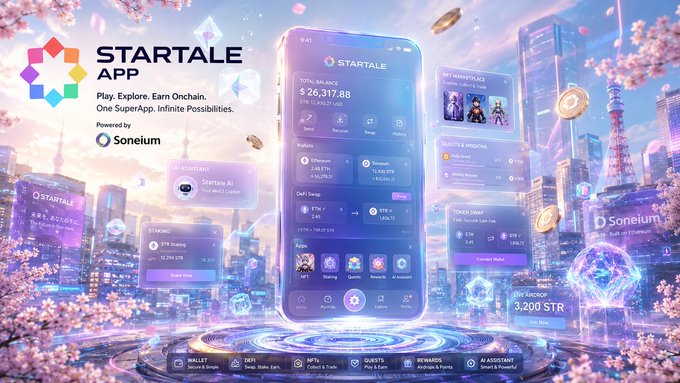 A promotional graphic for the "STARTALE APP" powered by Soneium, displaying a smartphone interface with NFT marketplace, DeFi swap, and staking features against a futuristic Tokyo cityscape with cherry blossoms and floating coins.