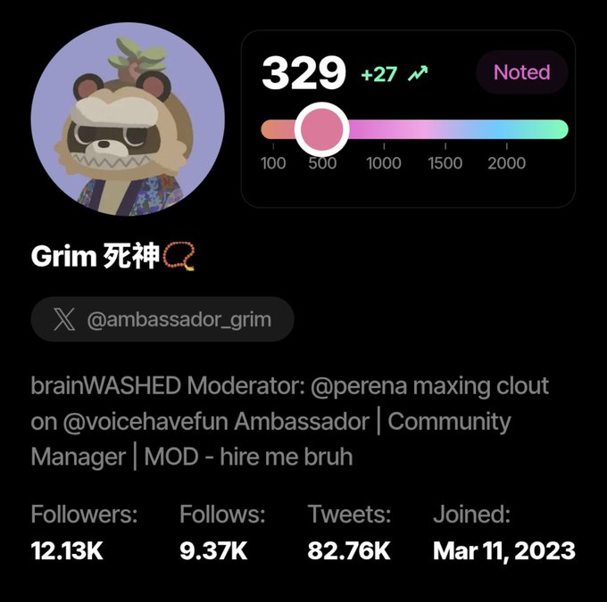 A Twitter/X profile screenshot for 'Grim 死神' (@ambassador_grim) showing 329 Noted points, 12.13K followers, and a bio mentioning brainWASHED Moderator and Ambassador roles.