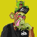 A digital illustration of a character with green skin and dollar bill imagery as clothing on a yellow background.