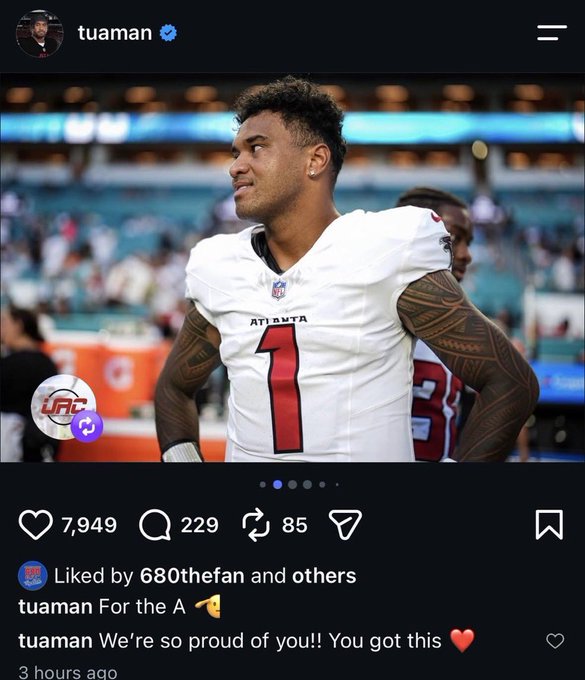 An Instagram post by 'tuaman' showing an Atlanta Falcons football player wearing jersey number 1, with captions 'For the A 🫡' and 'We're so proud of you!! You got this ❤️'.