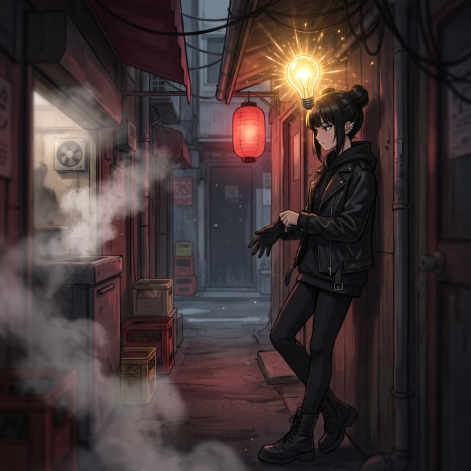 An anime-style illustration depicts a woman with a glowing lightbulb for a head standing in a narrow, dimly lit alleyway adorned with red lanterns and misty steam.