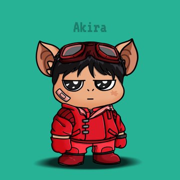 A chibi-style cartoon character named 'Akira' wearing a red futuristic suit and goggles on his head, standing against a teal background.