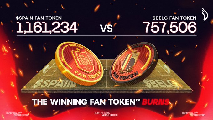 The promotional graphic shows two large golden "Fan Tokens" (Spain and Belgium) burning on a football pitch against a fiery red background, with the text "$SPAIN FAN TOKEN 1,161,234 vs $BELG FAN TOKEN 757,506" and "THE WINNING FAN TOKEN™ BURNS" displayed prominently. The image visually represents the stated supply-burning matchup between $SPAIN (1,161,234 tokens) and $BELG (757,506 tokens), where the winning token's supply will be reduced.