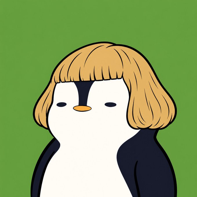 A stylized cartoon illustration of a blonde bob haircut on a simple penguin-like character against a green background, humorously representing someone's overpayment of 100 ETH for a basic profile picture (PFP) NFT—likely poking fun at the high prices seen in the NFT market.