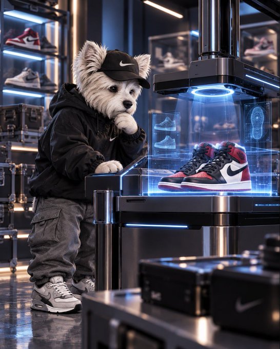 A digital artwork shows a small white dog dressed in a black Nike tracksuit and cap, standing at a futuristic holographic display case examining a pair of black and red Nike sneakers.