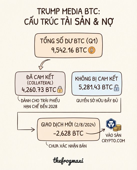 The image is a Vietnamese infographic titled "TRUMP MEDIA BTC: CẤU TRÚC TÀI SẢN & NỢ" (Asset & Debt Structure), breaking down Trump Media's Q1 BTC holdings of 9,542.16 BTC into 4,260.73 BTC pledged as collateral for notes maturing in 2028 and 5,281.43 BTC unencumbered with full ownership rights, while highlighting an unconfirmed new transaction on 2/8/2024 of -2,628 BTC flowing into Crypto.com. This visually supports the post's point that the BTC inflow to Crypto.com doesn't necessarily confirm a sale, since 4,260 BTC is locked as collateral through 2028 and transfers could be for custody, collateral, or internal management rather than liquidation.