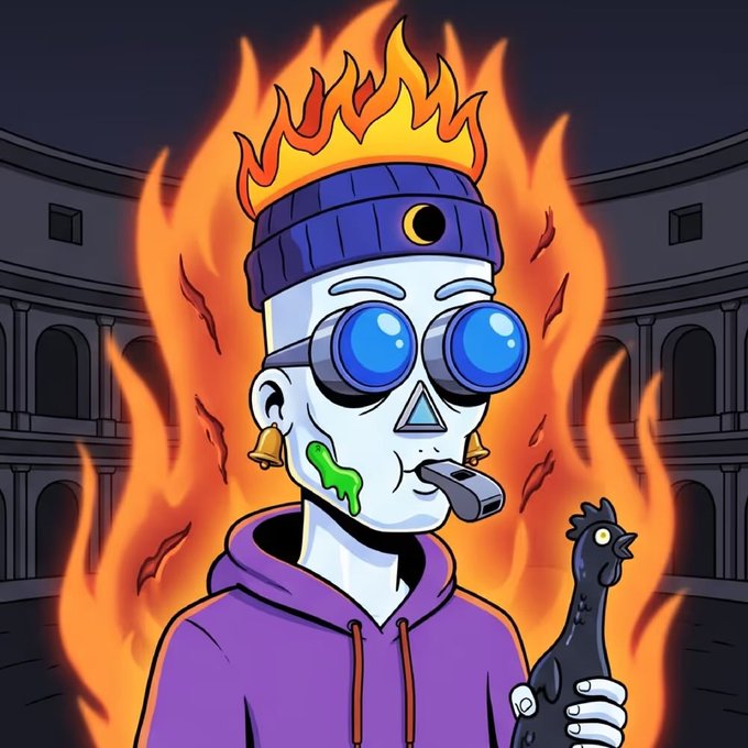A cartoon character with flaming hair, blue goggle eyes, and a beanie that says "Anonymous" stands surrounded by fire, wearing a purple hoodie, drooling green, and holding a black chicken.