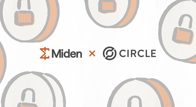 The image displays a partnership announcement featuring the logos of "Miden" and "CIRCLE" separated by a multiplication-style "x," set against a background of illustrated padlocks—symbolizing the privacy focus highlighted in the post celebrating Miden's collaboration with Circle.