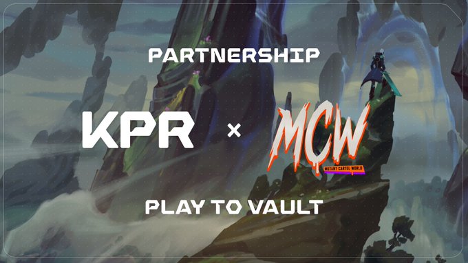 The image features a poster with a cartoon mountain scene, where two people are standing at the top of a cliff overlooking a valley below. The text on the poster reads "Partnership KPR x MCW Play to Vault". This suggests that there is an event or collaboration between the gaming company KPR and the streaming platform M CW.