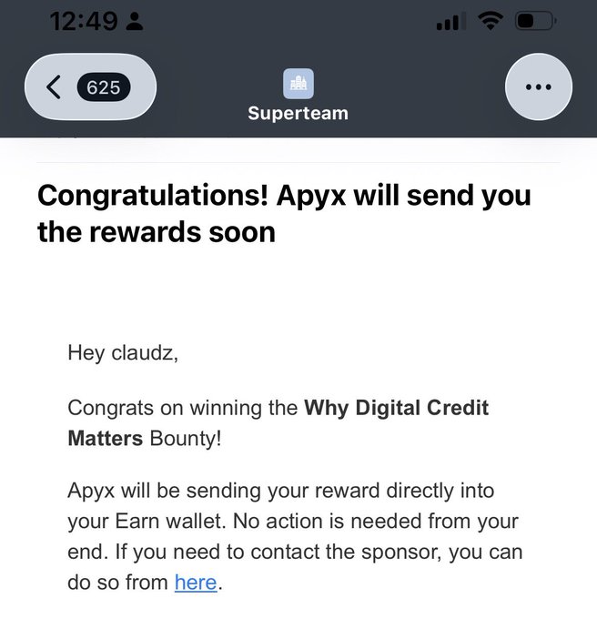 The image shows a notification from Superteam (account #625) congratulating user "claudz" on winning the "Why Digital Credit Matters" Bounty, with Apyx sending rewards to their Earn wallet. This relates to the post about the user's first win of the month.