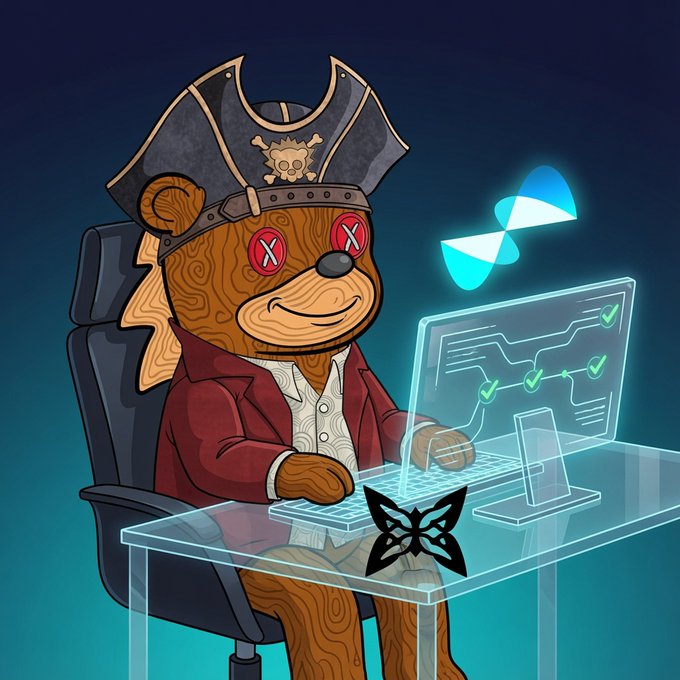 A cartoon bear dressed as a pirate captain, with glowing X marks for eyes, works at a holographic computer displaying a workflow with green checkmarks, accompanied by a glowing blue token symbol and a small fox-like creature on the desk. The image visually reinforces the post's message about $QUIP's automated testnet performance, where tasks routed and verified themselves without manual input—just like a savvy captain letting the ship sail on its own.