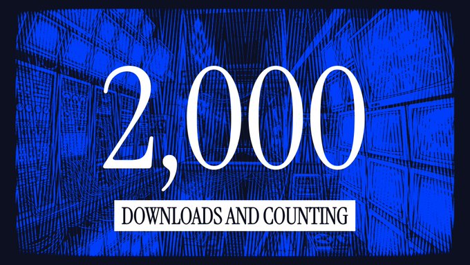 Graphic with blue library background displaying "2,000 DOWNLOADS AND COUNTING" in large white text.