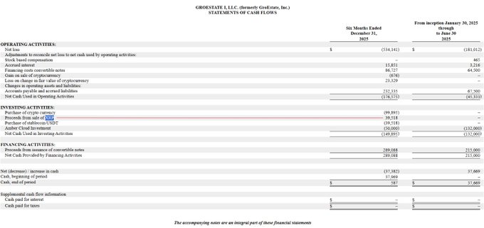 The image shows GroEstate I, LLC's Statements of Cash Flows for six months ended December 31, 2025, and from inception (January 20, 2025) to June 30, 2025, with investing activities detailing crypto-related transactions including $89,895 in purchases and $39,518 in sales of address-1 XYZT (likely XRP), plus $39,518 from USDT proceeds, confirming the small-cap real estate entity's emerging digital asset exposure as highlighted in the post.