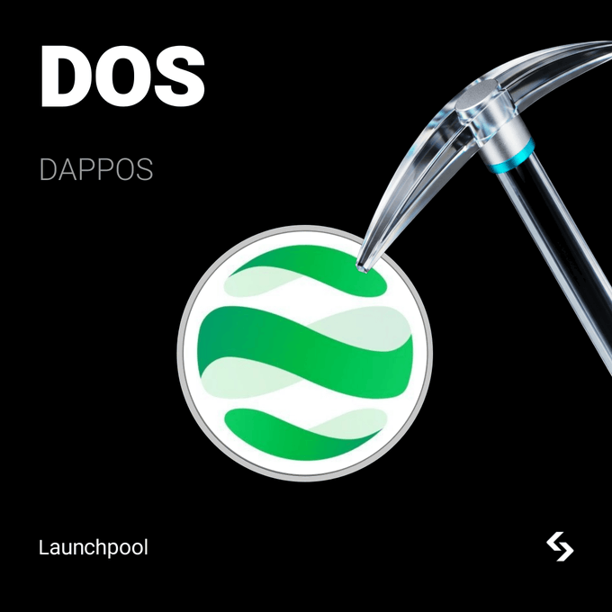 A graphic with a black background features a pickaxe striking a green and white "DOS" token logo, alongside the text "DOS," "DAPPOS," and "Launchpool," promoting Bitget's PoolX event to lock BGB and DOS for a 700,000 DOS airdrop.