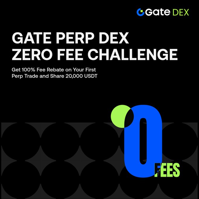 A promotional graphic for the Gate Perp DEX Zero Fee Challenge featuring the Gate DEX logo and a large blue "0" with "FEES" against a black background, advertising a 100% trading fee rebate on the first perp trade and a 20,000 USDT prize pool.