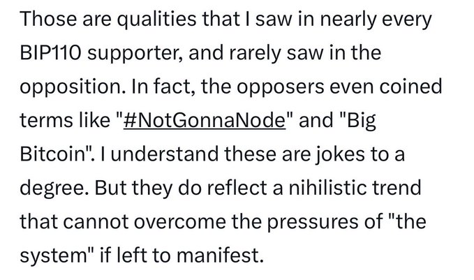 A text excerpt discusses BIP110 supporters and their opposition, referencing terms like "#NotGonnaNode" and "Big Bitcoin" as reflecting a nihilistic trend.