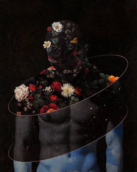 A surreal artistic portrait of a figure whose upper body is filled with flowers and darkness, while the lower torso transitions into a starry sky and clouds, surrounded by elliptical rings.
