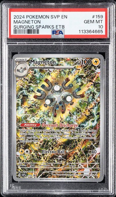 A graded PSA 10 Gem Mint 2024 Pokemon Surging Sparks card featuring 'Magneton' (#159) with its 'Overvolt Discharge' ability and 'Electric Ball' attack, encased in a protective plastic slab.