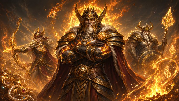 A dramatic fantasy artwork depicting three armored Norse-style warriors surrounded by flames, with a central horned king figure and others wielding weapons, set against a fiery background with treasure and a flaming shield.