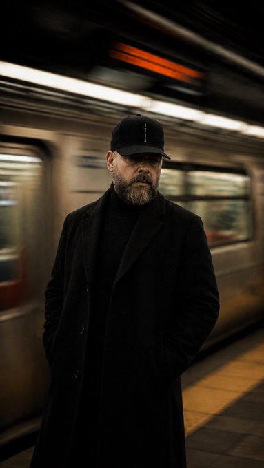 A bearded man wearing a black cap and long black coat stands on a subway platform with a train passing behind him.