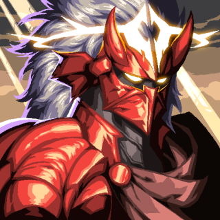 An illustration of a red-armored warrior with glowing eyes and a white crest, representing a powerful character or avatar associated with the mentioned project. The image serves as a visual emblem for the "conviction" and strength described in the accompanying post.