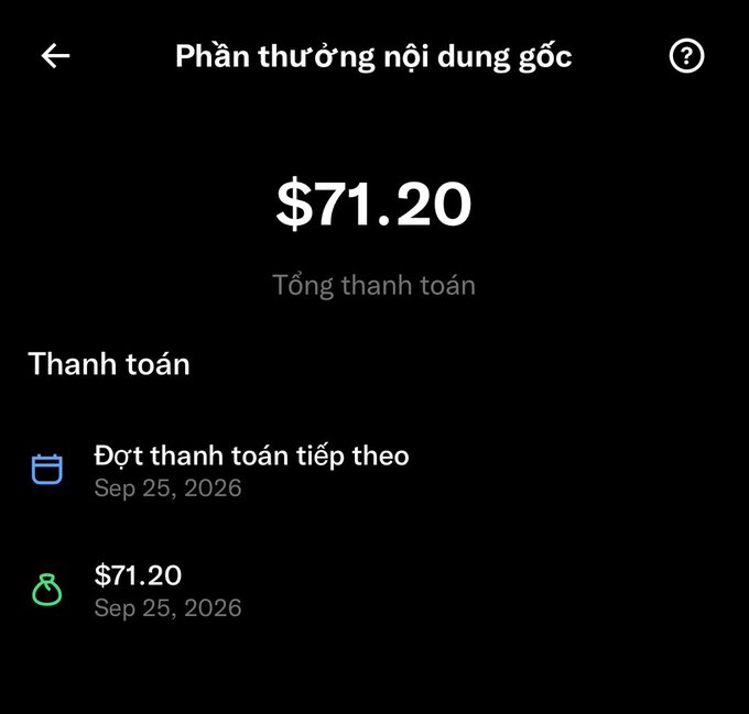 A payment screen in Vietnamese showing a total payment of $71.20 with the next payment scheduled for Sep 25, 2026.