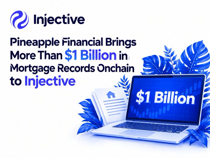 A promotional graphic for Injective stating 'Pineapple Financial Brings More Than $1 Billion in Mortgage Records Onchain to Injective,' featuring a laptop displaying '$1 Billion.'