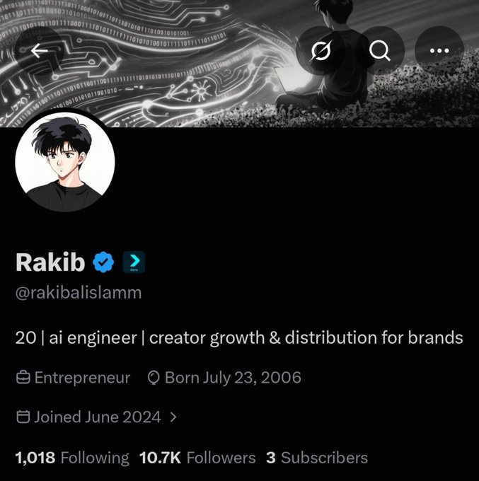 The image shows a Twitter/X profile for "Rakib" (@rakibalislamm), a 20-year-old AI engineer and entrepreneur who works in creator growth and distribution for brands, with 10.7K followers and 1,018 following. The accompanying post reflects on his two-year journey under his previous handle @Rakib_Web3, explaining his decision to rebrand beyond the "web3" label to embrace broader opportunities in building, learning, and exploring new spaces—aligning with his profile's description as an AI engineer focused on growth across multiple industries.