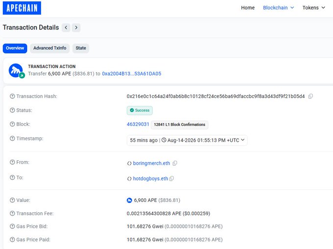 A screenshot of an APEchain Transaction Details page showing a successful transfer of 6,900 APE ($836.81) from boringmerch.eth to hotdogboys.eth, with the transaction timestamp dated Aug-14-2026.
