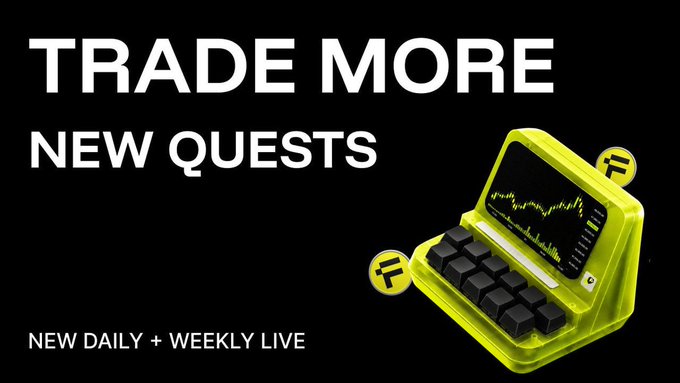 A promotional banner reading 'TRADE MORE, NEW QUESTS' and 'NEW DAILY + WEEKLY LIVE' featuring a yellow 3D illustration of a laptop with trading charts on its screen and stylized coin icons.