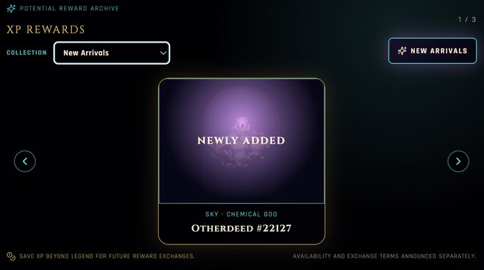 A "Potential Reward Archive" interface for XP Rewards displays three newly added NFTs: "Otherdeed #22127" (titled "Sky · Chemical Goo"), along with Otherdeed #32386 and Flinger #1259, tied to The Nullspire hub where players can earn XP through test games and odk beta worlds. The screen shows navigation controls and notes that availability and exchange terms will be announced separately.