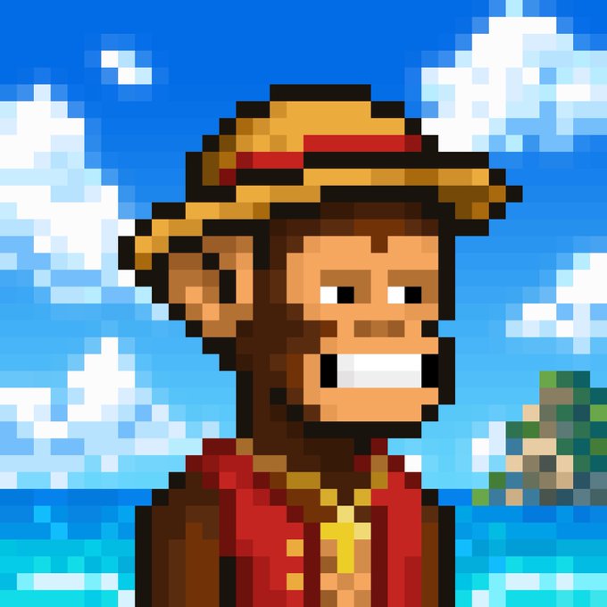 Pixel art depicts a smiling monkey character wearing a straw hat with a red band and a red shirt, set against a pixelated ocean and sky background.
