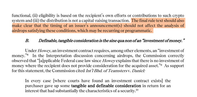 The image shows legal analysis about token airdrops and investment contracts, noting that eligibility must depend on recipients’ efforts or contributions and that distributions not be capital-raising transactions. It cites *Howey*, the U.S. Supreme Court, the Commission, and *In re BitConnect Teamsters* to argue that purchases require “tangible and definable consideration” and substantially security-like characteristics—supporting a framework for recurring participation-based Hyperliquid distributions rather than only an $HYPE/S3 airdrop.