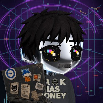 A digital illustration of a chibi-style character with black hair and pixelated sunglasses stands against a neon purple background with circuit patterns and text reading 'ROCK HAS NO MONEY'.