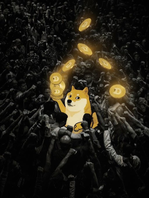 The image shows the Dogecoin (D) mascot, a Shiba Inu dog, being crowd-surfed above a sea of hands while tossing Dogecoin coins into the air. The scene captures the celebratory, community-driven spirit of the post's "Happy Tipping Tuesday," symbolizing shibes sharing love and crypto tips with one another.