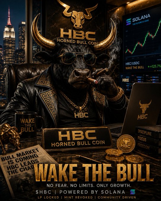 A promotional poster for 'HBC HORNED BULL COIN' featuring a bull wearing sunglasses and a leather jacket, with the tagline 'WAKE THE BULL' and noting it is '$HBC | POWERED BY SOLANA'.