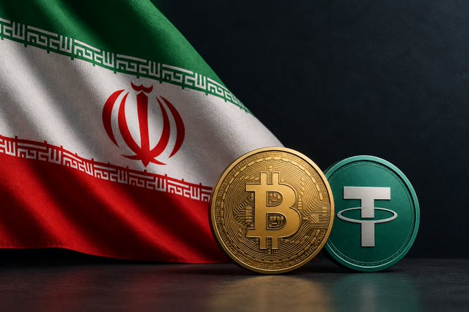A composition featuring the Iranian flag alongside a gold Bitcoin coin and a green Tether (USDT) coin.