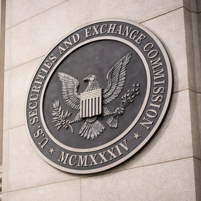 The U.S. Securities and Exchange Commission seal is displayed on the agency's building, featuring an eagle holding olive branches and arrows with "MCMXXXIV" (1934) inscribed below, relating to the post about the SEC proposing a new regulatory framework for crypto asset custody by investment advisers and funds.