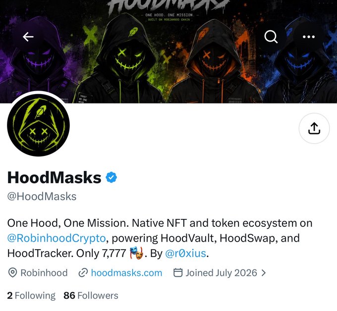 A Twitter/X profile for 'HoodMasks' (@HoodMasks), described as a native NFT and token ecosystem on Robinhood Chain.