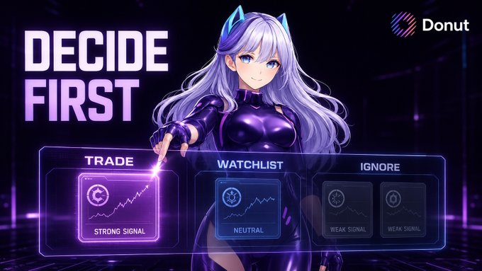 A 'DECIDE FIRST' promotional graphic featuring an anime-style character presenting trade options including 'STRONG SIGNAL' trade, watchlist, or ignore options, branded by Donut.