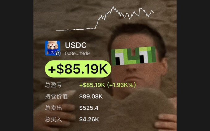 A meme-style image shows a man partially buried in sand with pixelated "1T4" eyes, overlaid with a crypto trading interface displaying USDC wallet (0x8e...f9d9) showing a +$85.19K (+1.93%) gain, with holdings of $89.08K on a green upward chart. The image serves as a promotional graphic for the accompanying post, which advertises a profitable trade turned $4.26K into $89.45K using the GMGN chain-scanning tool.